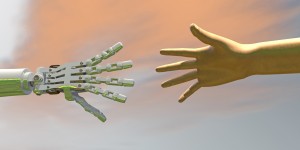 High quality 3D render of a robot hand reaching for a human hand, representing the relationship between human and artificial intelligence. Dramatic orange grey sky.